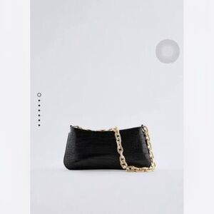 Zara Black Croc-Textured Shoulder Bag with Gold Chain strap